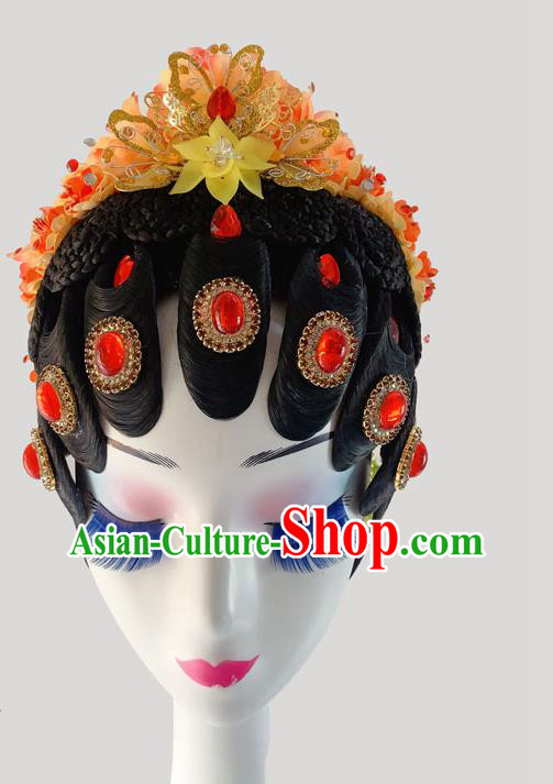 Chinese Peking Opera Diva Hairpieces Woman Stage Performance Headdress Classical Dance Wigs and Orange Flowers Hair Accessories
