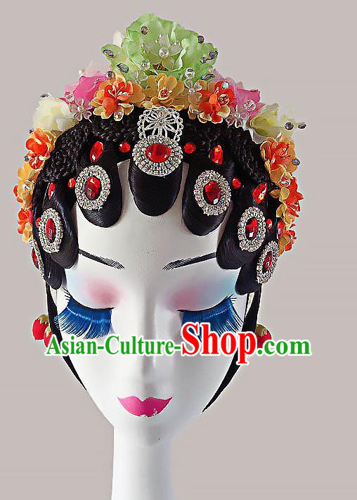 Chinese Classical Dance Wigs and Flowers Hair Accessories Peking Opera Hua Tan Hairpieces Woman Stage Performance Headdress