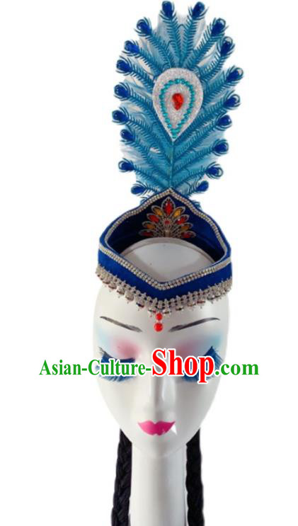 China Xinjiang Minority Performance Blue Feather Headdress Uyghur Ethnic Folk Dance Braid Hairpiece Uighur Nationality Dance Hat
