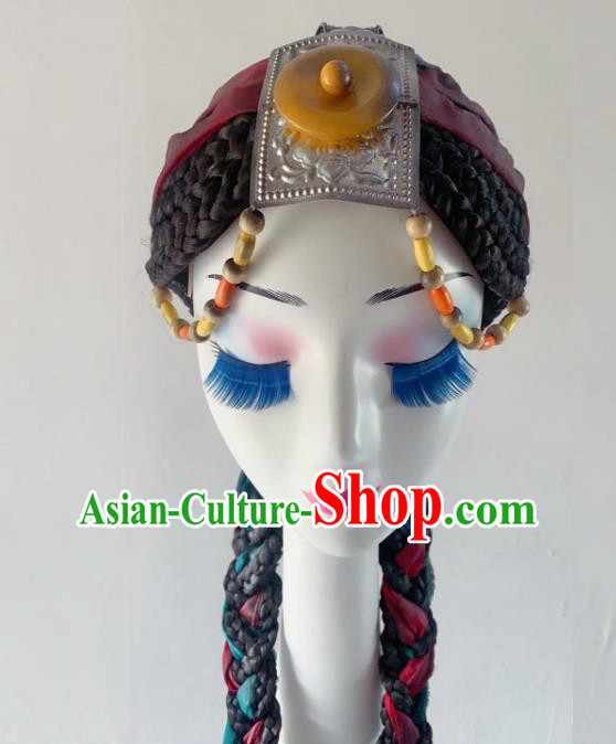 China Ethnic Woman Dance Wigs Braid Hairpieces Mongolian Nationality Dance Hair Accessories Mongol Minority Performance Headdress