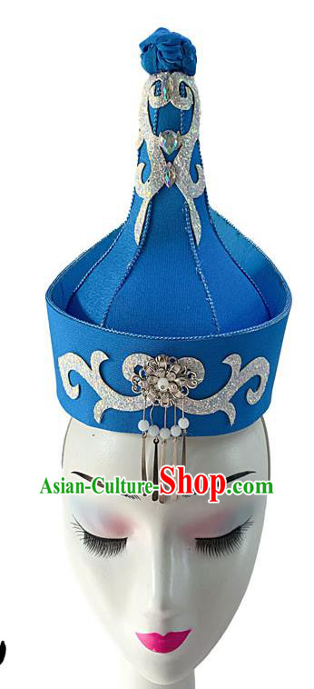 China Mongolian Ethnic Dance Blue Hat Mongol Nationality Dance Headdress Woman Stage Performance Headwear