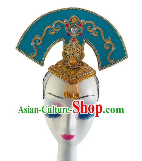 Chinese Woman Stage Performance Headpiece Classical Dance Hair Accessories Umbrella Dance Blue Hair Crown