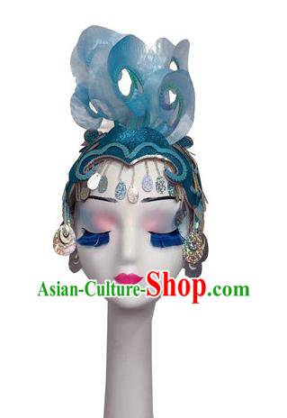 China Minority Peacock Dance Headpiece Yunnan Ethnic Woman Performance Blue Hair Crown Dai Nationality Dance Headwear