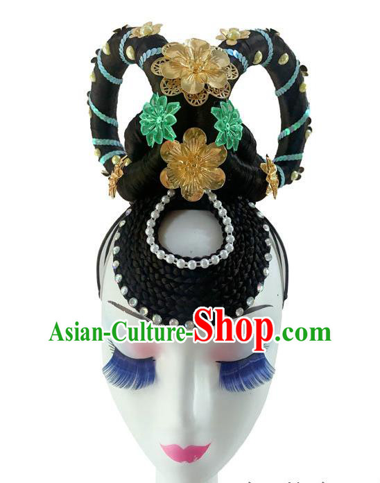 Chinese Traditional Court Dance Hairpieces Woman Stage Performance Headdress Classical Dance Hair Accessories Flying Apsaras Dance Wigs Chignon