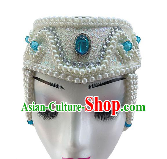 China Mongolian Ethnic Dance White Hat Mongol Nationality Dance Headdress Woman Stage Performance Pearls Headwear