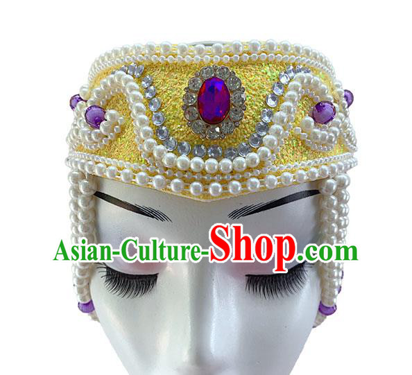 China Woman Stage Performance Pearls Headwear Mongolian Ethnic Dance Yellow Hat Mongol Nationality Dance Headdress