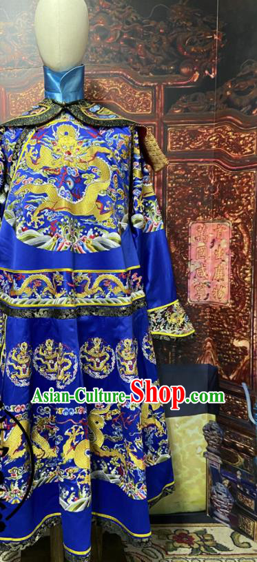China Qing Dynasty Royal Highness Embroidered Dragon Robe Clothing Ancient Royalblue Imperial Dragon Traditional Manchu King Historical Garment Costume