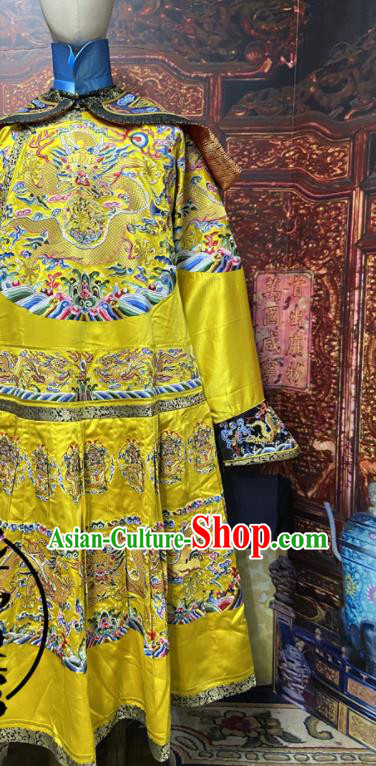 China Traditional Manchu Emperor Historical Garment Costume Qing Dynasty Monarch Embroidered Dragon Robe Clothing Ancient Yellow Imperial Dragon