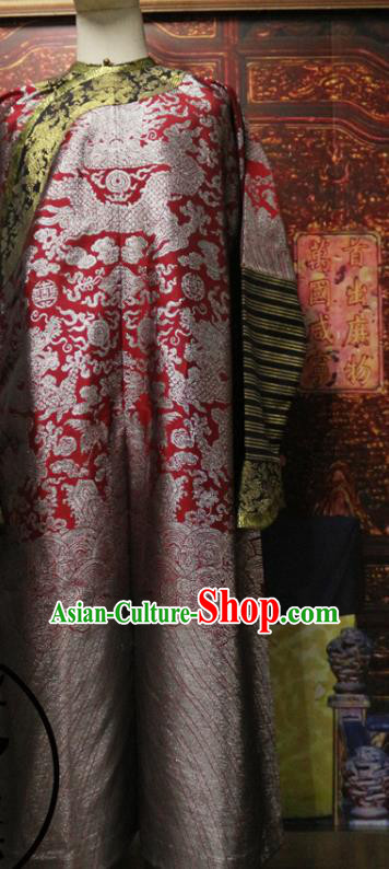 China Qing Dynasty Manchu Embroidered Dragon Robe Clothing Ancient Monarch Red Brocade Imperial Robe Garment Traditional Emperor Historical Costume