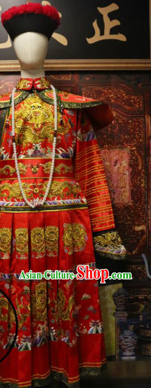 China Ancient Monarch Embroidered Wedding Dragon Robe Traditional Emperor Red Imperial Robe Qing Dynasty Manchu Lord Historical Garment Costume