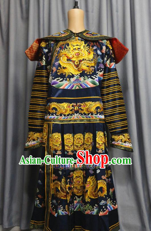 China Traditional Navy Imperial Robe Clothing Qing Dynasty King Garment Costume Ancient Emperor Embroidered Dragon Robe