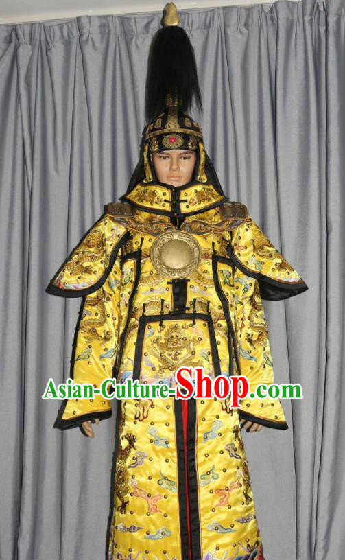 China Ancient Emperor Qianlong Yellow Armor Suits Traditional Manchu General Clothing Qing Dynasty Marshal Garment Costume