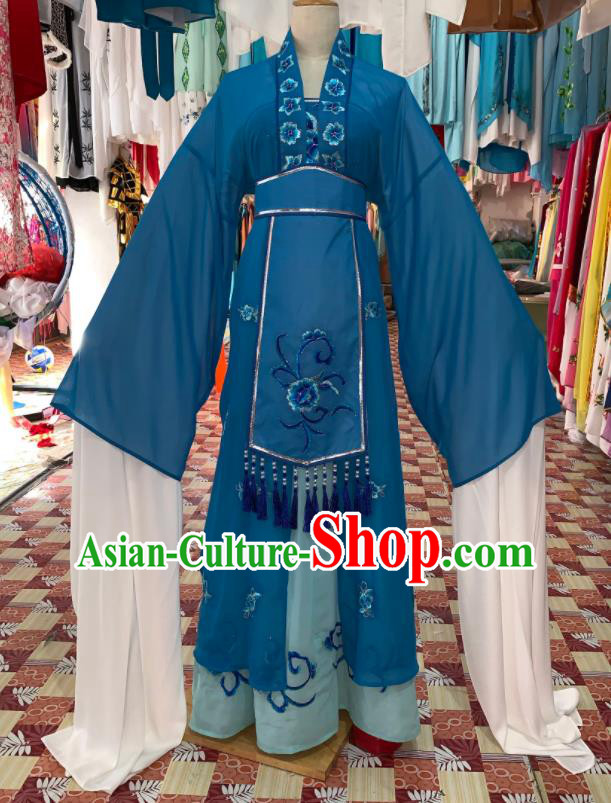 China Shaoxing Opera Country Woman Blue Dress Outfits Traditional Peking Opera Diva Clothing Ancient Young Mistress Garment Costume