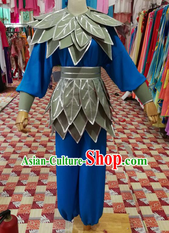 China Shaoxing Opera Fairchild Garment Costumes Beijing Opera Wusheng Blue Uniforms Traditional Opera Swordsman Clothing