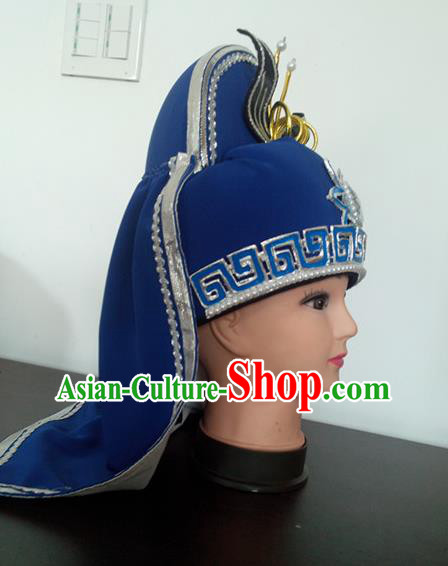 Chinese Peking Opera Wusheng Headwear Shaoxing Opera General Headdress Traditional Beijing Opera Imperial Bodyguard Blue Hat