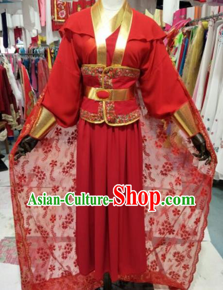 China Ancient Female Swordsman Garment Costume Shaoxing Opera Heroine Red Dress Outfits Traditional Peking Opera Wudan Clothing