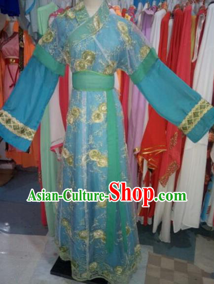 China Ancient Maid Lady Garment Costume Shaoxing Opera Servant Girl Blue Dress Outfits Traditional Peking Opera Xiaodan Clothing