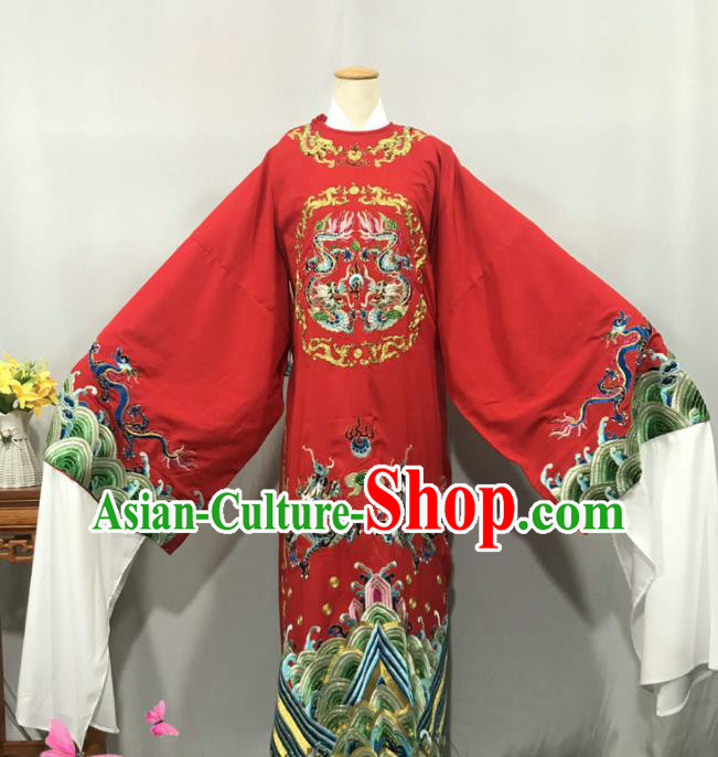 China Opera Emperor Garment Costume Beijing Opera Xiaosheng Red Embroidered Robe Uniforms Traditional Huangmei Opera Lord Clothing