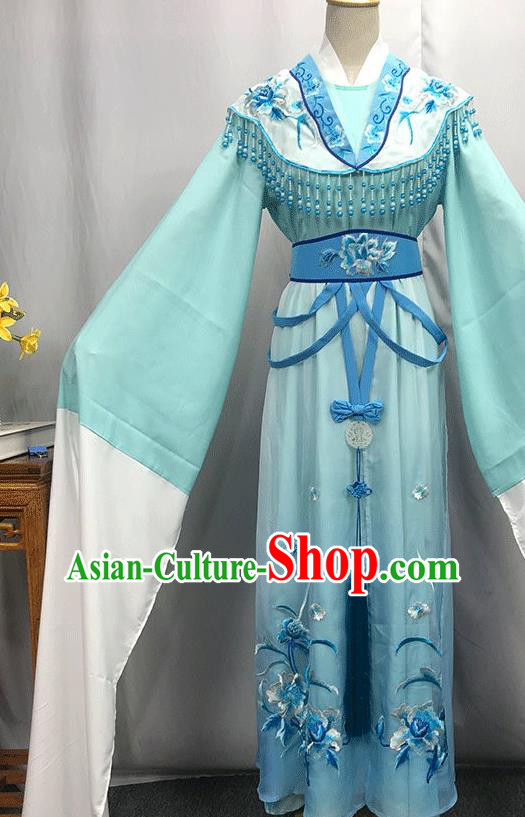 China Traditional Yue Opera Goddess Light Blue Dress Outfits Peking Opera Diva Clothing Ancient Princess Garment Costumes