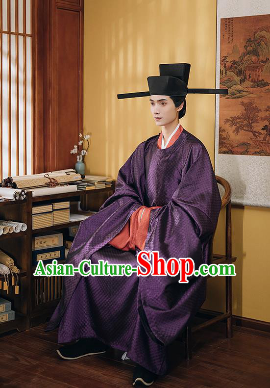 China Ancient Official Garment Costume Traditional Hanfu Purple Robe Vestment Song Dynasty Chancellor Clothing