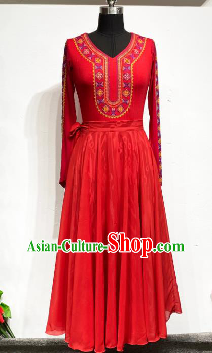 Chinese Uyghur Nationality Dance Clothing Xinjiang Ethnic Performance Costume Woman Dance Garments Uighur Minority Red Dress Outfits