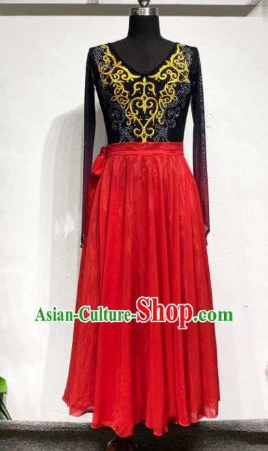 Chinese Woman Dance Garments Uyghur Minority Red Dress Outfits Uighur Nationality Dance Clothing Xinjiang Ethnic Performance Costume