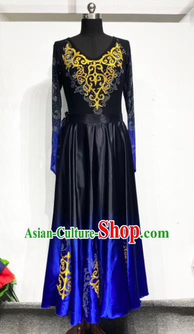 Chinese Xinjiang Ethnic Performance Costume Woman Dance Garments Uyghur Minority Deep Blue Dress Outfits Uighur Nationality Dance Clothing