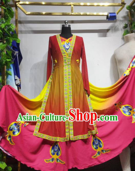 Chinese Uyghur Minority Rosy Dress Outfits Uighur Nationality Dance Clothing Xinjiang Ethnic Performance Costume Woman Dance Garments