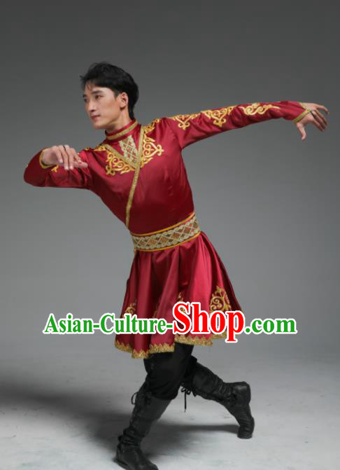 China Uyghur Nationality Male Dance Clothing Uighur Ethnic Stage Performance Red Suits Xinjiang Minority Dance Costumes