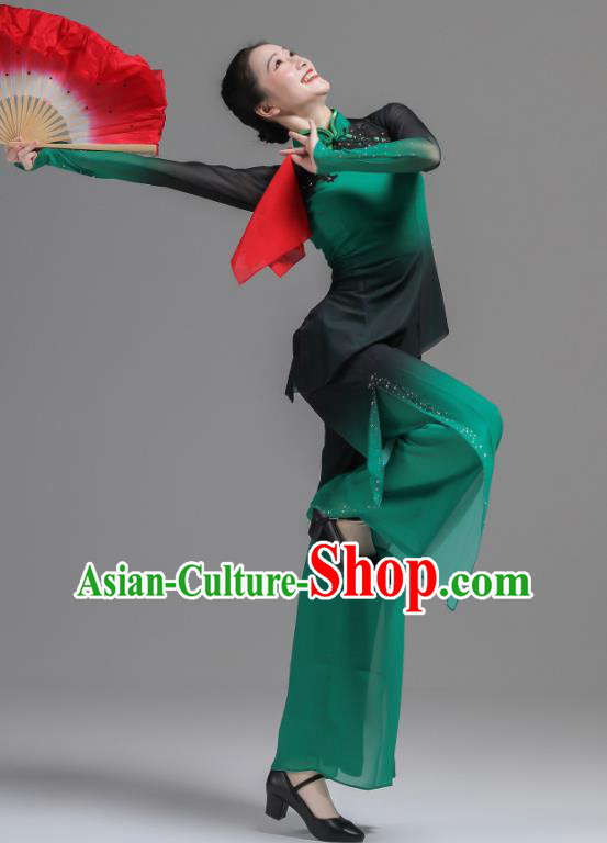Chinese Folk Dance Green Outfits Fan Dance Costumes Jiaozhou Yangko Dance Clothing Women Group Performance Garments