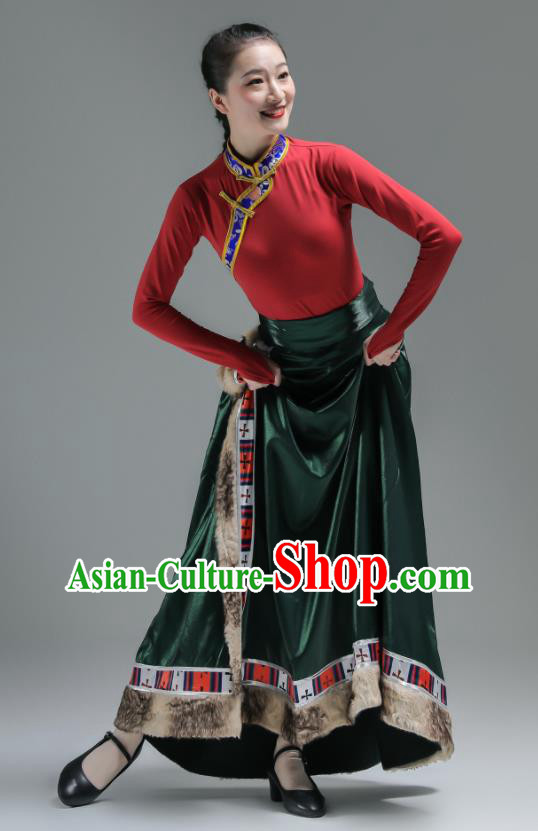 Chinese Tibetan Minority Performance Green Dress Outfits Zang Nationality Clothing Folk Dance Costume Ethnic Woman Garments