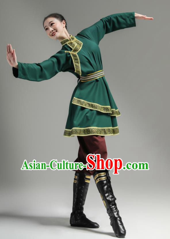 Chinese Ethnic Woman Garments Mongol Minority Performance Green Dress Outfits Mongolian Nationality Clothing Folk Dance Costume