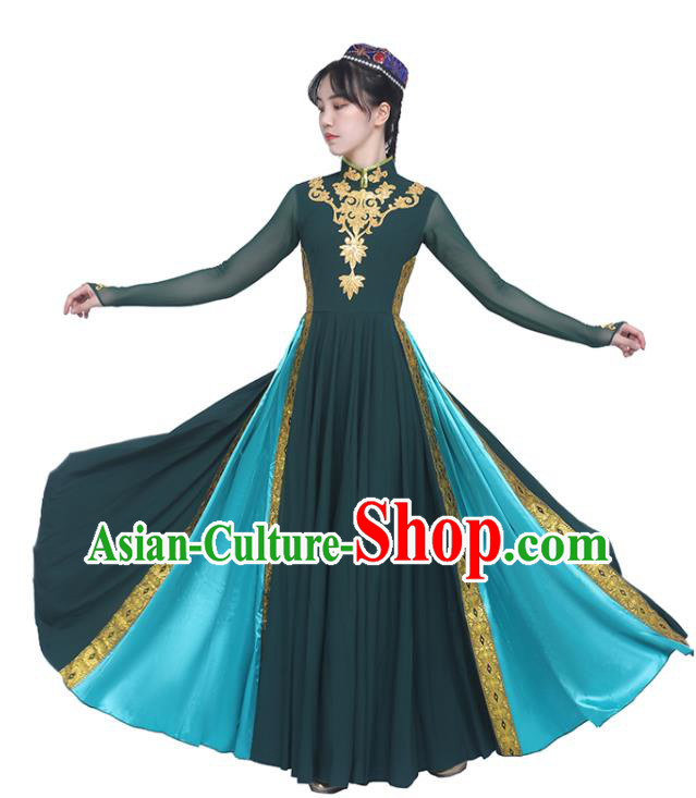 Chinese Uighur Minority Atrovirens Dress Ethnic Woman Dance Outfits Uyghur Nationality Dance Clothing Xinjiang Stage Performance Garment Costumes