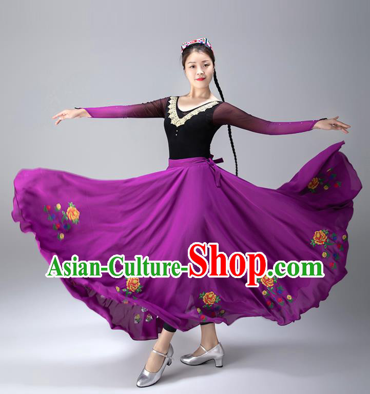 Chinese Xinjiang Stage Performance Garment Costumes Uighur Minority Purple Dress Ethnic Woman Dance Outfits Uyghur Nationality Dance Clothing