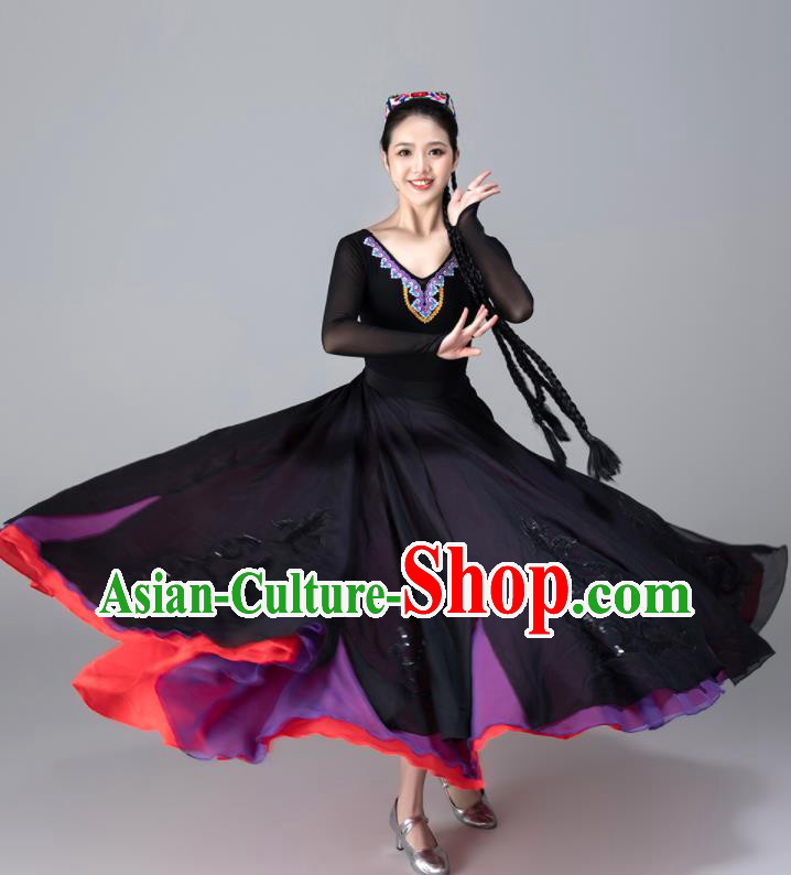 Chinese Xinjiang Performance Garments Uighur Minority Woman Black Dress Ethnic Dance Outfits Uyghur Nationality Folk Dance Clothing