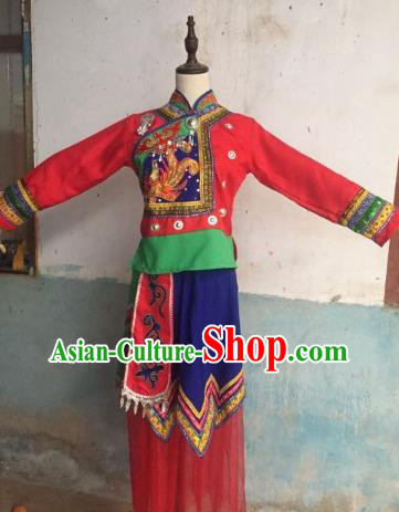 Chinese Ethnic Stage Performance Red Outfits She Nationality Folk Dance Clothing Woman Dance Garments Dong Minority Festival Dress