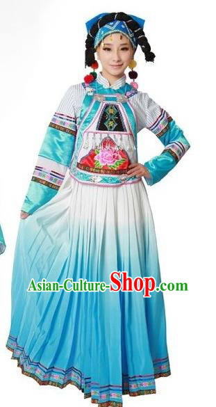Chinese Ethnic Stage Performance Outfits Yao Nationality Folk Dance Clothing Woman Dance Garments Deang Minority Blue Dress