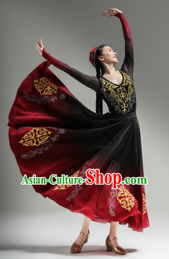 Chinese Uighur Nationality Dance Clothing Xinjiang Dance Costumes Ethnic Woman Garments Uyghur Minority Performance Red Dress Outfits