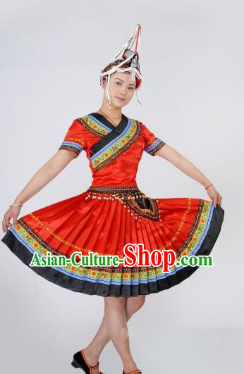 Chinese She Minority Folk Dance Red Dress Ethnic Woman Outfits Yao Nationality Clothing Sichuan Festival Dance Garments