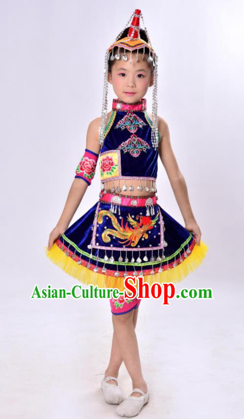 China Children Performance Costumes Guangdong Minority Kids Dance Blue Dress Uniforms She Nationality Girl Folk Dance Apparels