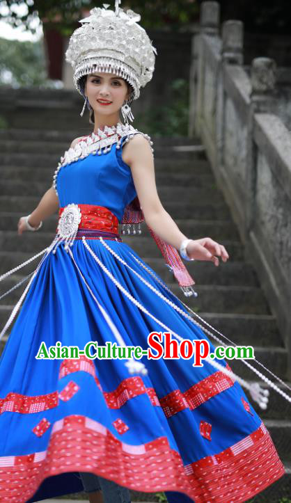 Chinese Miao Minority Folk Dance Blue Dress Guizhou Ethnic Festival Performance Outfits Hmong Nationality Woman Clothing