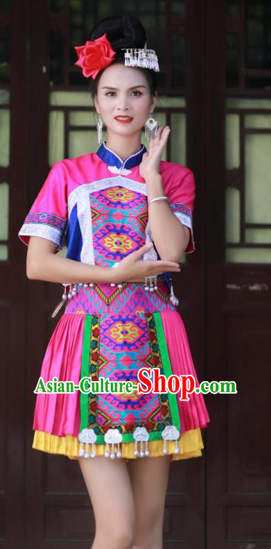 Chinese Miao Nationality Folk Dance Clothing Hmong Minority Female Short Dress Guizhou Ethnic Festival Performance Rosy Outfits