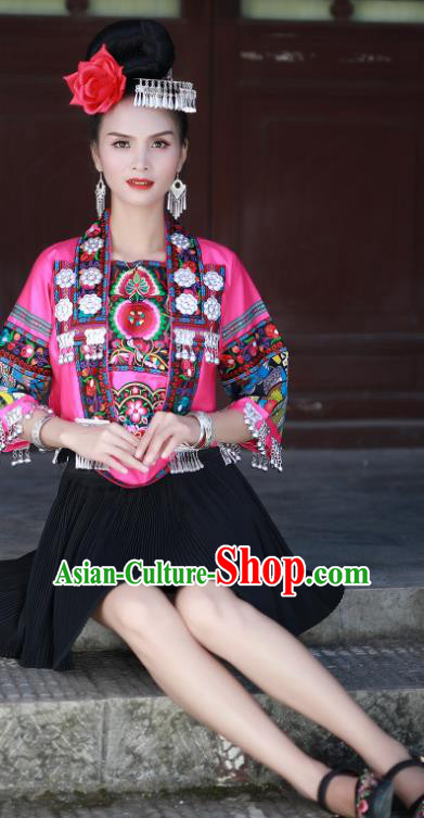 Chinese Xiangxi Ethnic Festival Performance Embroidered Outfits Miao Nationality Folk Dance Clothing Hmong Minority Female Short Dress
