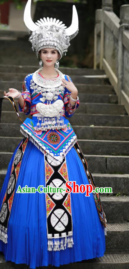 Chinese Miao Nationality Wedding Bride Clothing Hmong Minority Stage Performance Blue Dress Xiangxi Ethnic Festival Outfits