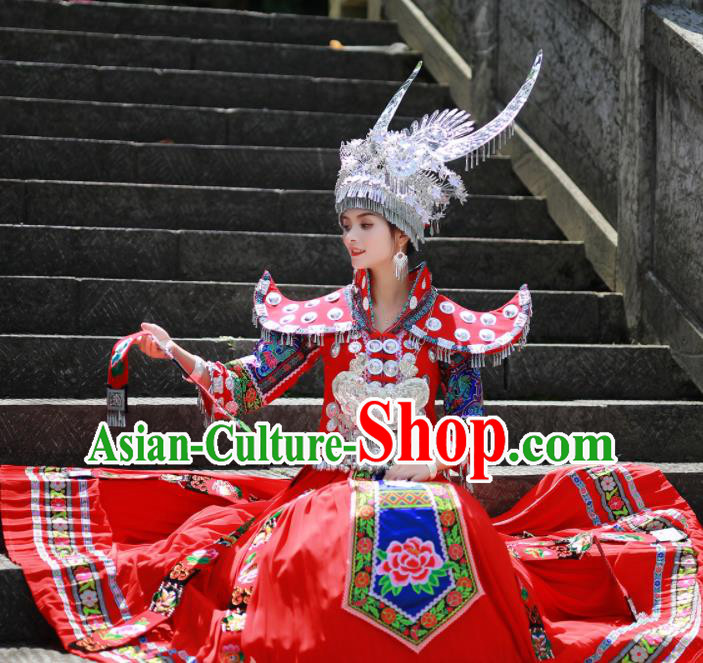 Chinese Xiangxi Ethnic Festival Outfits Miao Nationality Wedding Bride Clothing Hmong Minority Stage Performance Red Dress