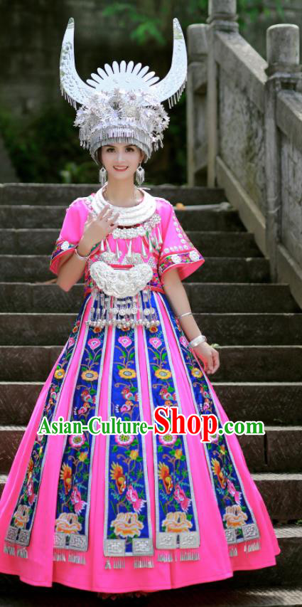 Chinese Hmong Minority Stage Performance Pink Dress Xiangxi Ethnic Festival Outfits Miao Nationality Wedding Bride Clothing and Headdress