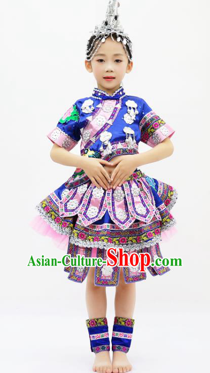 China Miao Minority Kids Dance Blue Dress Uniforms Yi Nationality Girl Apparels Ethnic Children Performance Costumes