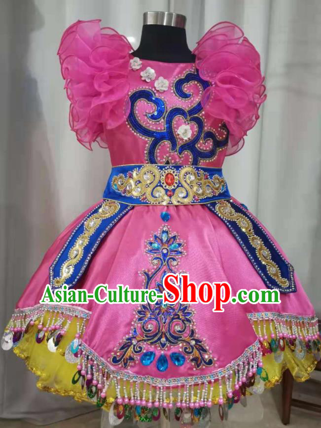 China Lisu Nationality Girl Dance Apparels Pumi Ethnic Children Performance Costumes Miao Minority Kids Dance Pink Dress Uniforms