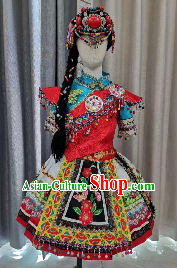 China Pumi Minority Kids Dance Dress Uniforms Lisu Nationality Girl Performance Apparels Ethnic Children Folk Dance Costumes