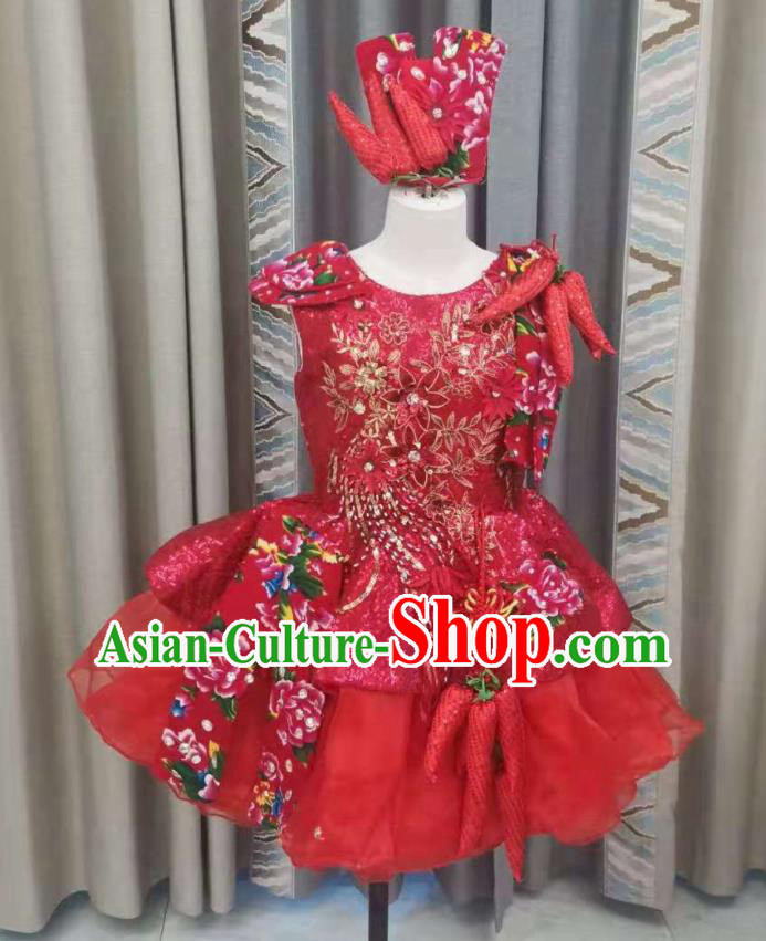 China Girl Dance Clothing Children Compere Red Dress Modern Dance Fashion Chorus Performance Costume